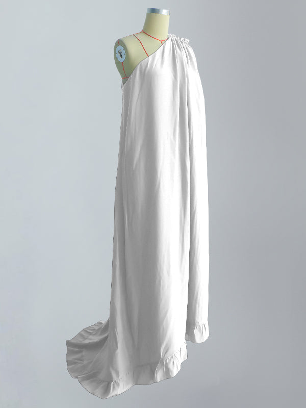 Banquet Sleeveless Loose Pleated Falbala Solid Color One-Shoulder Maxi Dresses