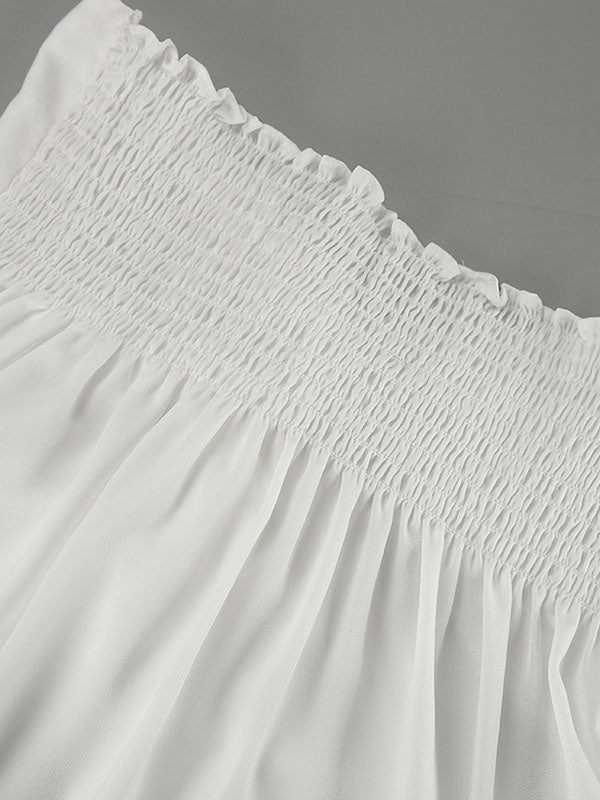 Elasticity Pleated Solid Color Split-Joint Loose Puff Sleeves V-Neck Blouses&Shirts Tops
