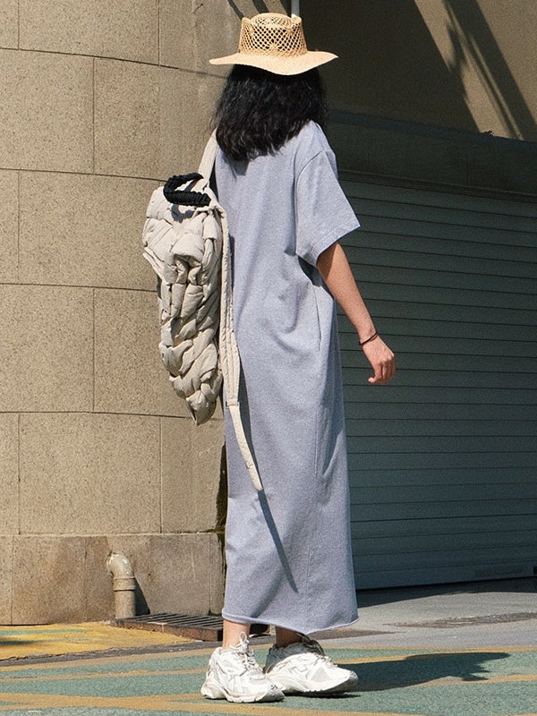 Casual Short Sleeves Solid Color Round-Neck Maxi Dress