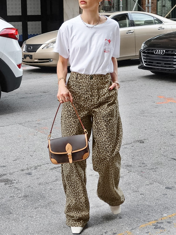 Leopard Printed Split-Joint High Waisted Loose Trousers Pants