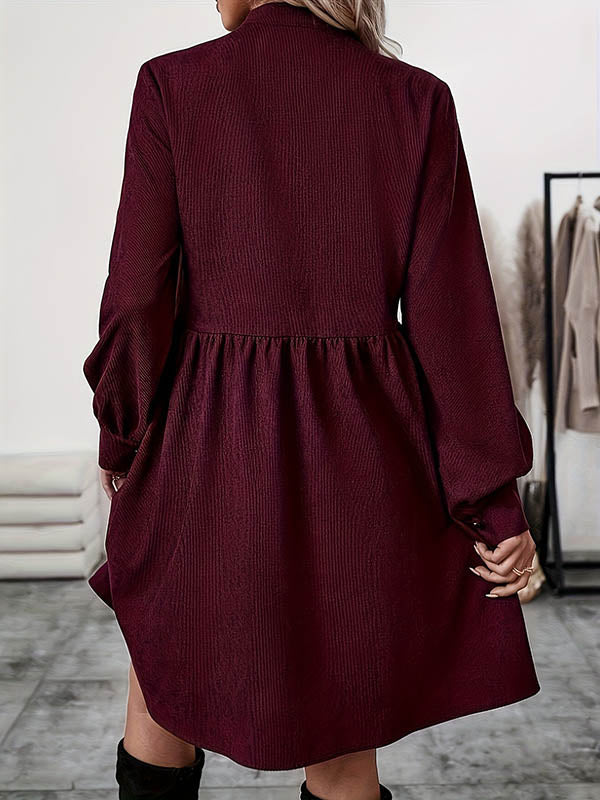 Belted Buttoned Pleated Solid Color Split-Joint A-Line Elasticated Waist Stand Collar Shirt Dress Midi Dresses
