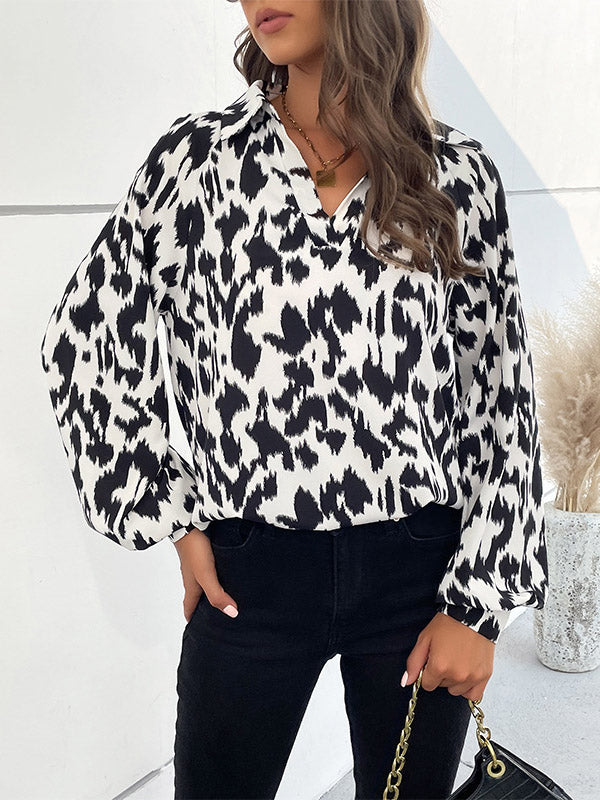 Buttoned Leopard Long Sleeves Loose Lapel Blouses&Shirts Tops