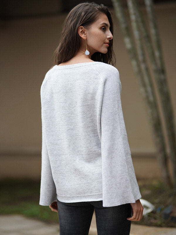 Casual Long Sleeves Loose Solid Color V-Neck Sweater Tops