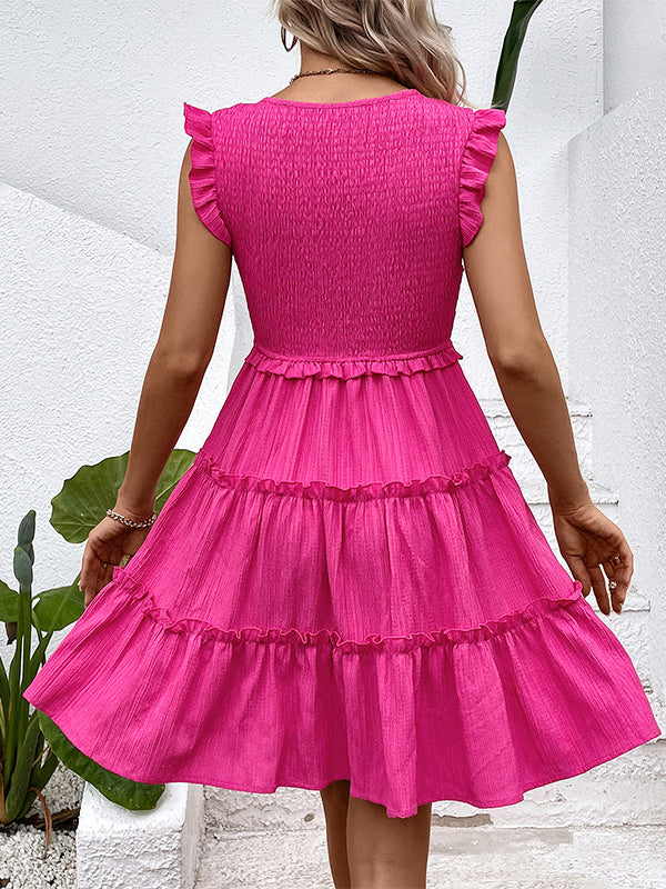 Pleated Ruffle Trim Solid Color Split-Joint Loose Sleeveless Deep V-Neck Mini Dresses