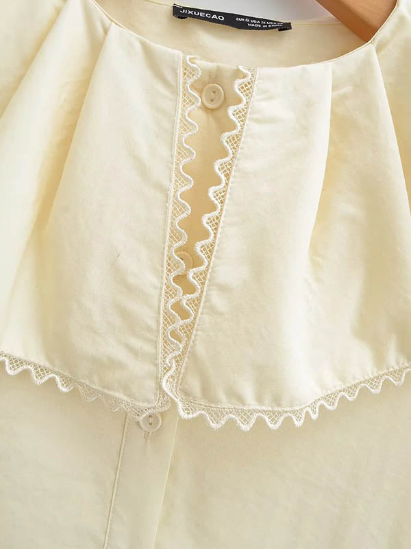 Pleated See-Through Solid Color Split-Joint Loose Puff Sleeves Peter Pan Collar Blouses&Shirts Tops