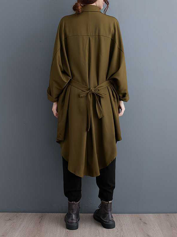 Buttoned Pleated Solid Color Split-Joint Tied Batwing Sleeves Long Sleeves Lapel Outerwear Midi Dresses