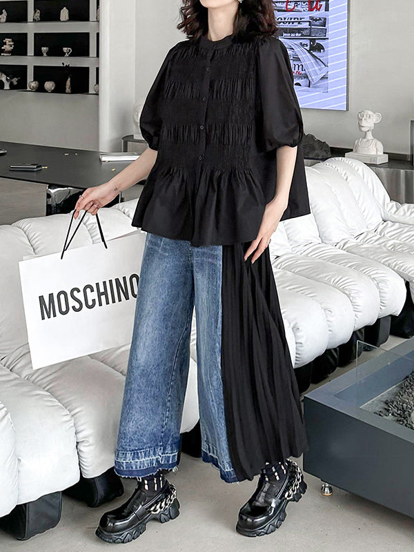 Contrast Color Pleated Split-Joint Loose Ninth Pants Jean Pants Bottoms