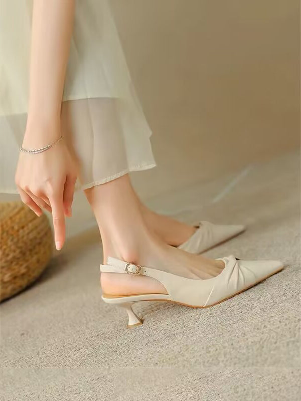 Pleated Pointed-Toe Shallow Cut Sling Shoes