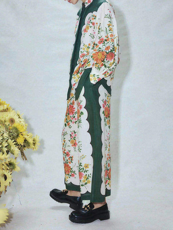 Buttoned Long Sleeves Flower Print Lapel Shirts Top + High Waisted Pants Bottom Two Pieces Set