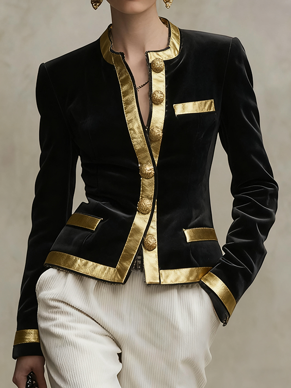 Buttoned Contrast Color Split-Joint Long Sleeves Round-neck Outerwear Jackets