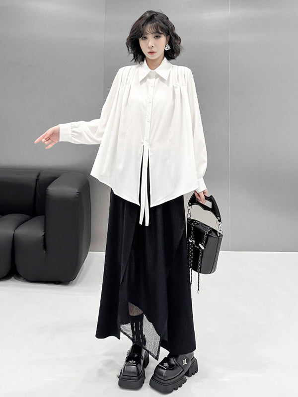 Buttoned Solid Color Split-Joint Streamer Irregularity Long Sleeves Lapel Collar Blouses&Shirts Tops