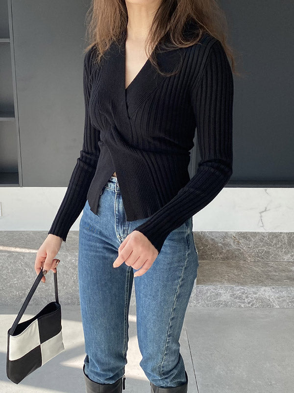 Knot Solid Color Long Sleeves Loose V-Neck Sweater Tops Pullovers