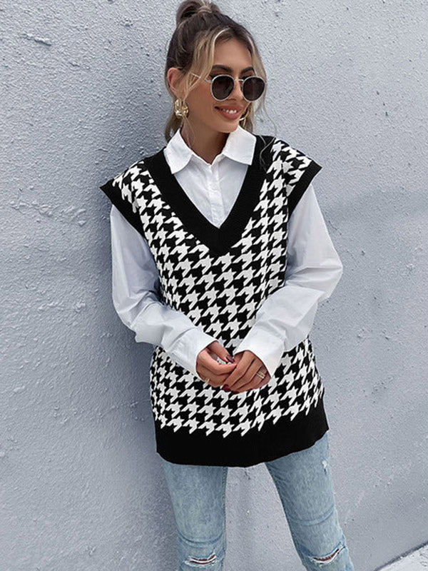 Vintage Loose Houndstooth V-Neck Vest Top