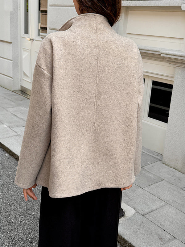Buttoned Solid Color Long Sleeves Stand Collar Outerwear Coats&Jackets