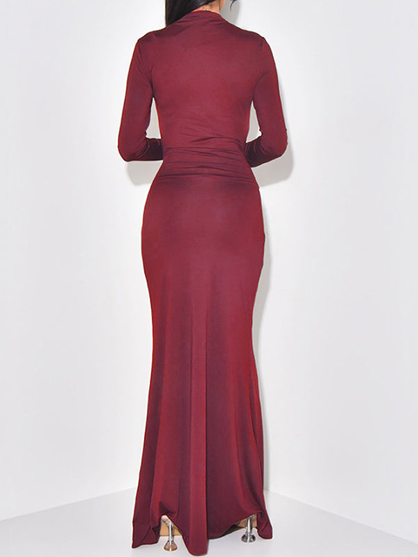 Solid Color Split-Joint Tied Waist Bodycon Long Sleeves Half Turtleneck Maxi Dresses