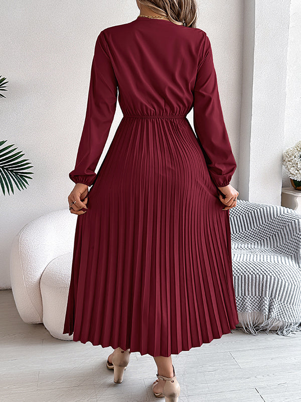Pleated Solid Color Elasticated Waist High Waisted V-neck Midi Dresses