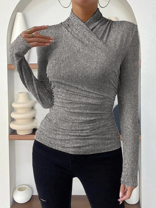 Pleated Solid Color Long Sleeves Skinny Mock Neck T-Shirts Tops