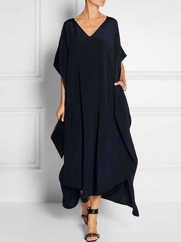 Pockets Solid Color Half Sleeves Loose V-Neck Maxi Dresses