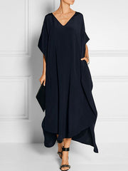 Pockets Solid Color Half Sleeves Loose V-Neck Maxi Dresses