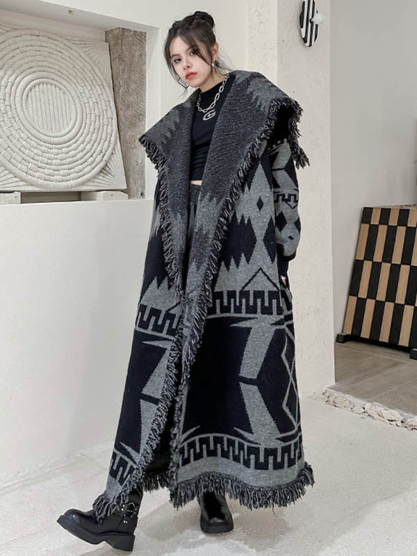 Contrast Color Geometric Split-Joint Tasseled Long Sleeves Loose Lapel Overcoat Outerwear