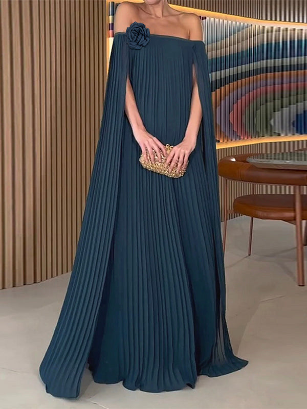 Loose Gauze Pleated Solid Color Tiered Off-The-Shoulder Evening Dresses Maxi Dresses