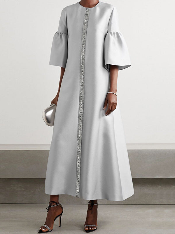 Flared Sleeves Half Sleeves Shiny Solid Color Round-Neck Midi Dresses