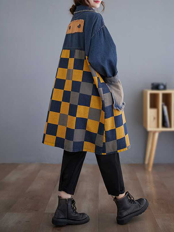Buttoned Fringed Plaid Pockets Split-Joint Long Sleeves Loose Notched Collar Denim Outerwear