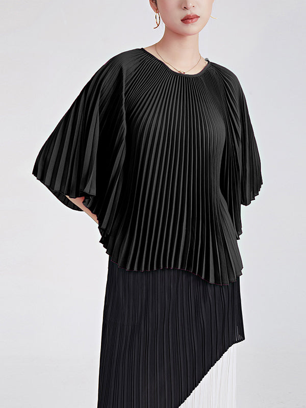 Pleated Solid Color Batwing Sleeves Loose Round-Neck T-Shirts Tops
