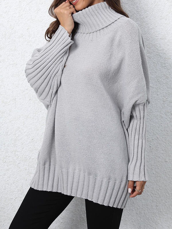 Pleated Solid Color Split-Joint Long Sleeves Loose High Neck Sweater Tops