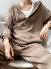 Loose Long Sleeves Split-Joint Hoodies + Elasticity Solid Color Pants Trousers Two Pieces Set