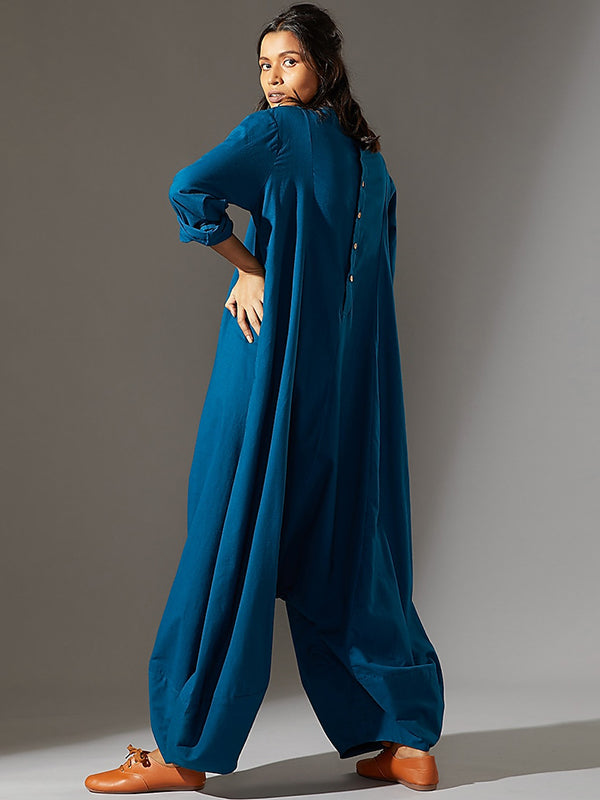 Casual Loose Long Sleeves Solid Color Boat Neck Jumpsuits