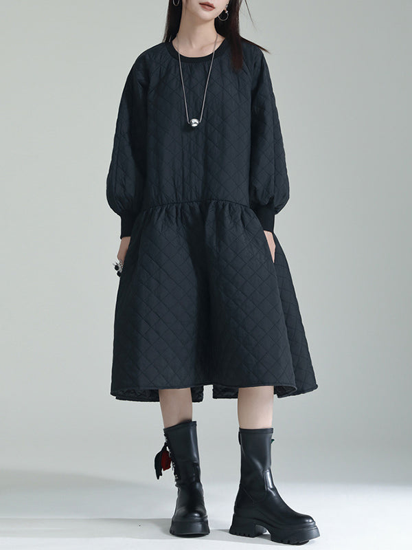 Pleated Quilted Split-Joint Long Sleeves Loose Round-Neck Midi Dresses