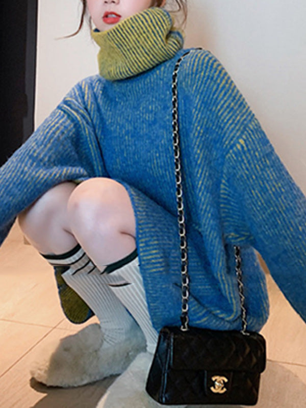 Original Loose Contrast Color High-Neck Long Sleeves Sweater Tops