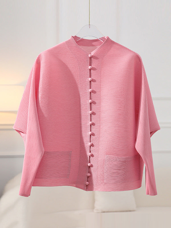 Buttoned Pleated Pockets Solid Color Long Sleeves Loose Round-Neck Outerwear