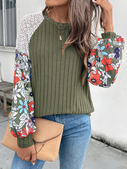 Contrast Color Flower Print Split-Joint Long Sleeves Loose Round-Neck T-Shirts Tops