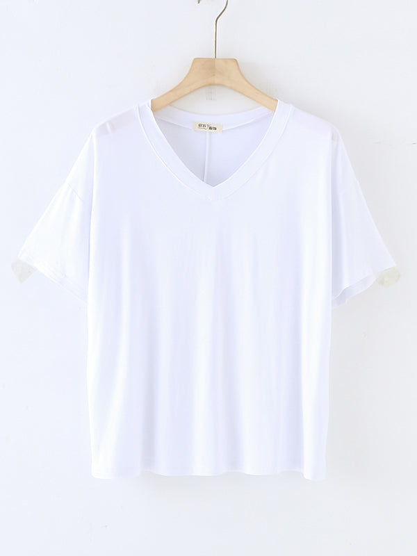 Solid Color Split-Joint Loose Short Sleeves V-neck T-Shirts Tops