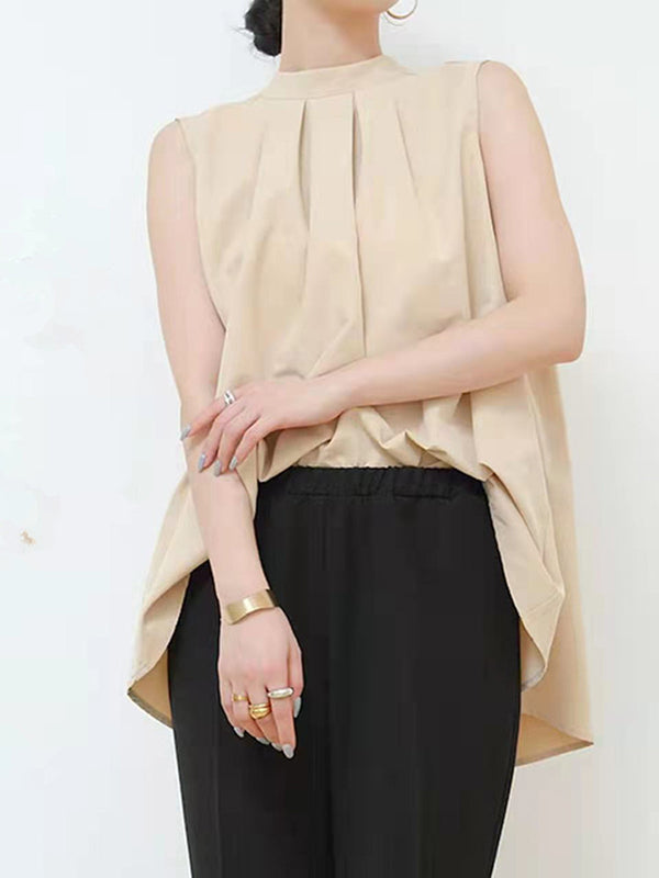 Lace-Up Pleated Solid Color Split-Joint Streamer High-low Loose Stand Collar Vest Top
