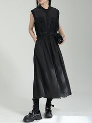 Contrast Color Drawstring Split-Joint Tied Waist Loose Sleeveless Round-Neck Midi Dresses