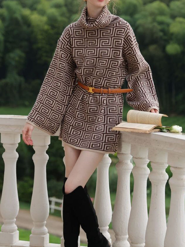 Jacquard Printed Flared Sleeves Long Sleeves High Neck Sweater Dresses Mini Dresses