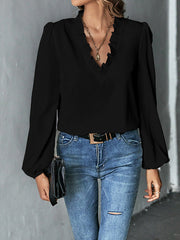 Ruffled Solid Color Long Sleeves Loose V-Neck Blouses&Shirts Tops
