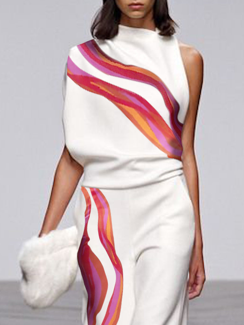 Asymmetric Printed Striped Loose Sleeveless One-shoulder Two Pieces Set Suits