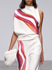 Asymmetric Printed Striped Loose Sleeveless One-shoulder Two Pieces Set Suits