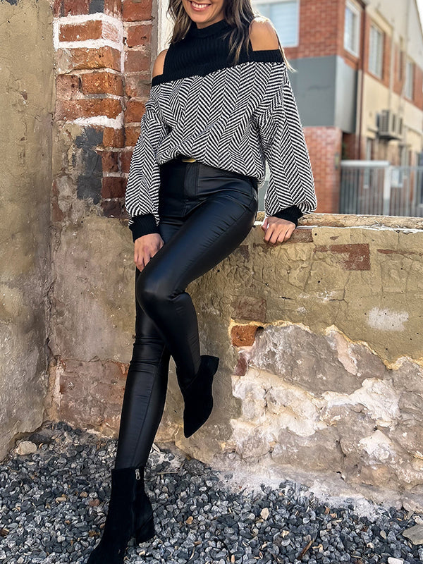 Contrast Color Split-Joint Loose Puff Sleeves Cold Shoulder Sweater Tops