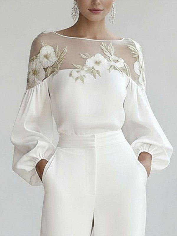 Loose Puff Sleeves Applique Flower Shape Mesh Split-Joint Round-Neck Blouses&Shirts Tops