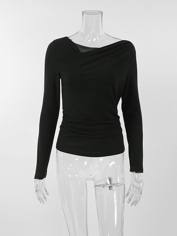 Asymmetric Solid Color Long Sleeves Skinny Asymmetric Collar T-Shirts Tops
