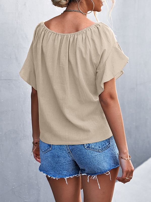 Elasticity Falbala Pleated Solid Color Tied Loose Short Sleeves Round-Neck T-Shirts Tops