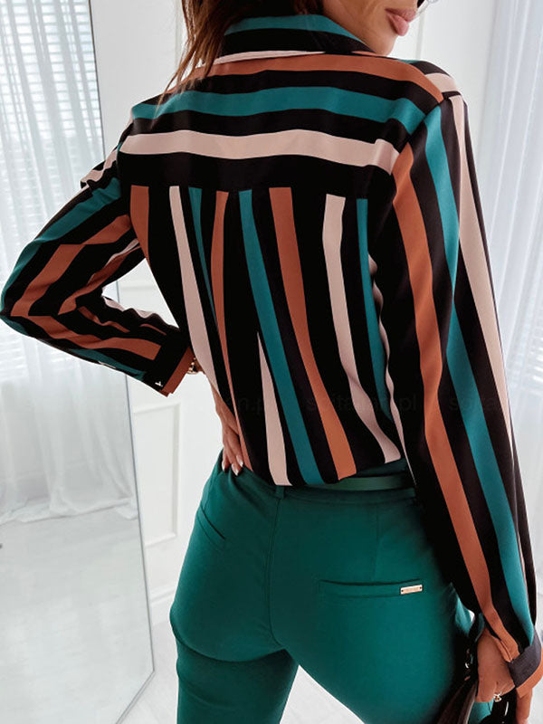 Printed Striped Long Sleeves Loose Lapel Blouses