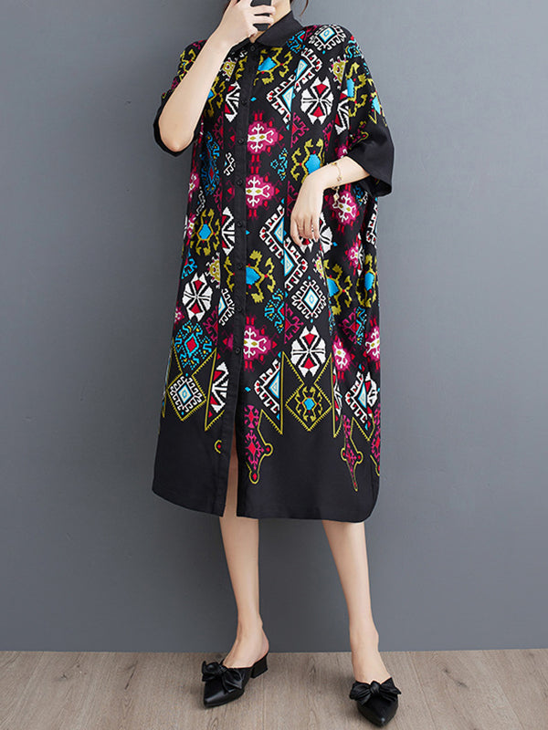 Buttoned Printed A-Line Loose Lapel Midi Dresses