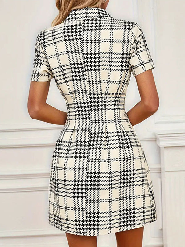Buttoned Contrast Color Plaid Pleated High Waisted Short Sleeves Lapel Shirt Dress Mini Dresses