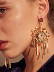 Eye Shape Rhine Stones Tasseled Drop Earrings